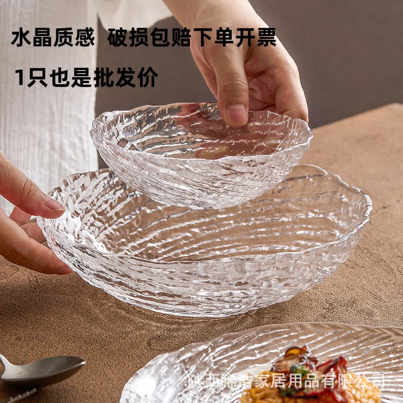 High-end textured glass bowls and plates, irregular bone-spitting dishes, nebula-shaped dessert plates, and ocean-themed glass fruit and snack plates.