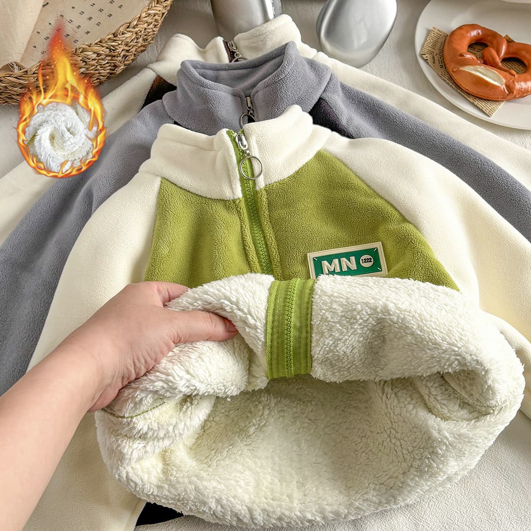 Children's Fleece-Lined Thick Coat for Autumn and Winter, Unisex Casual Color-Block Outerwear, Korean-style Stylish Winter Zip-up Padded Jacket