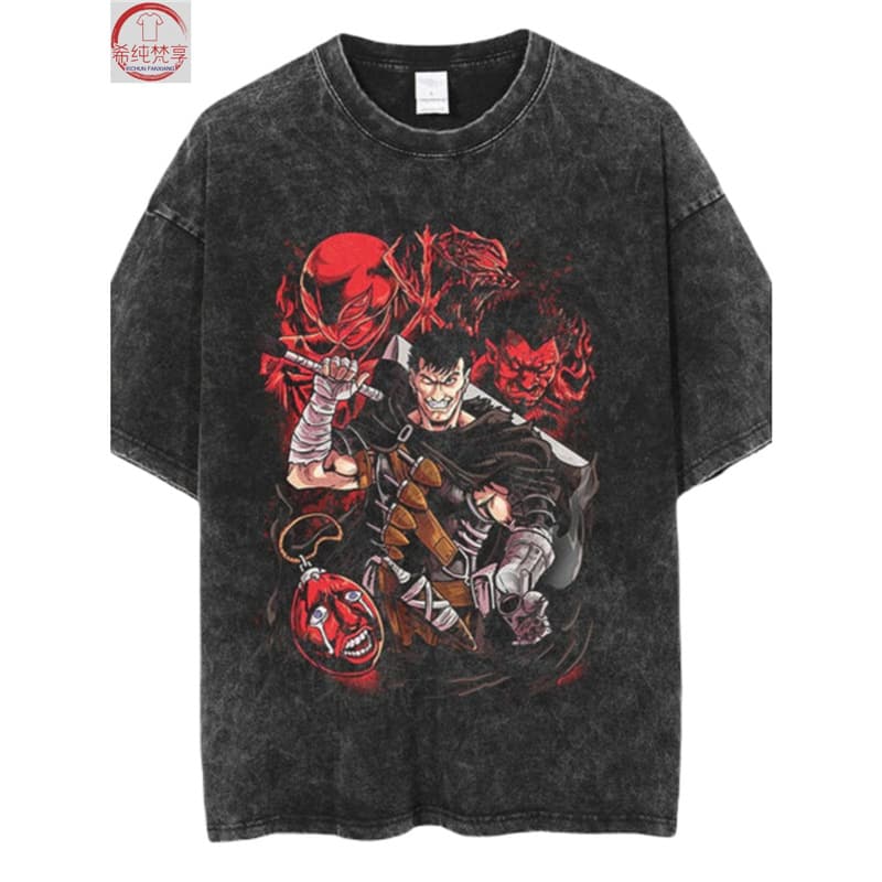 Direct Spray Pure Water Wash Retro T-Shirt American Hip-Hop Anime Berserk Loose Print Cotton Summer Unisex Short Sleeve