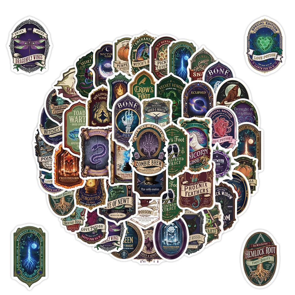 50 Witch Potion Label Graffiti Stickers, Waterproof Decals for Water Bottles and Computers, Creative Potion Label Stickers