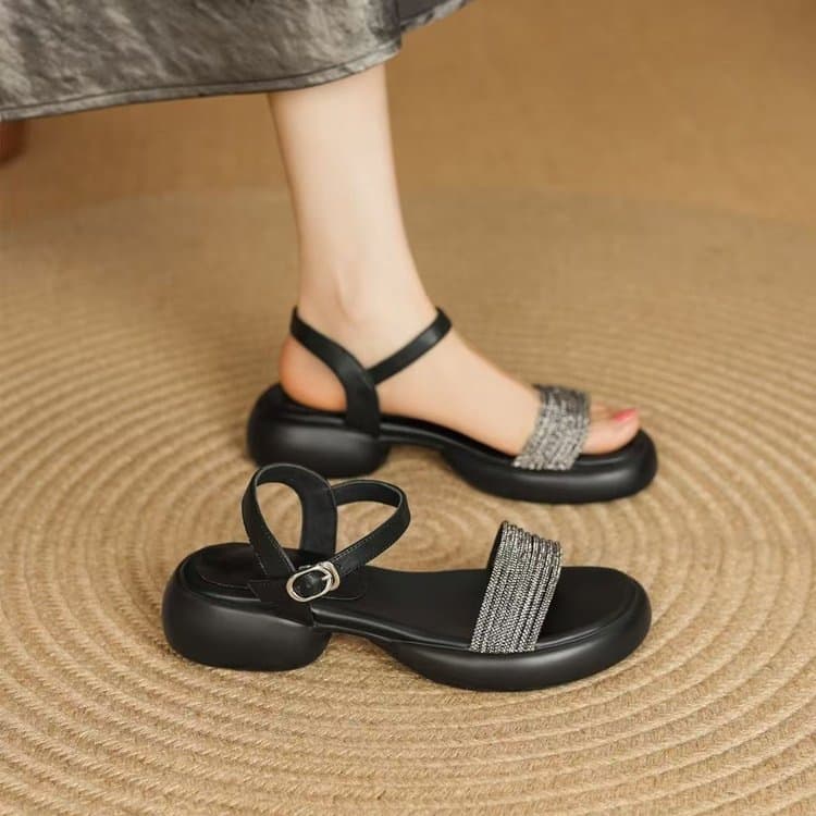 Crystal Sandals for Women 2026 New Summer Outdoor Open-Toe Fashion Thick Sole Mid-Heel One-Strap Sandals