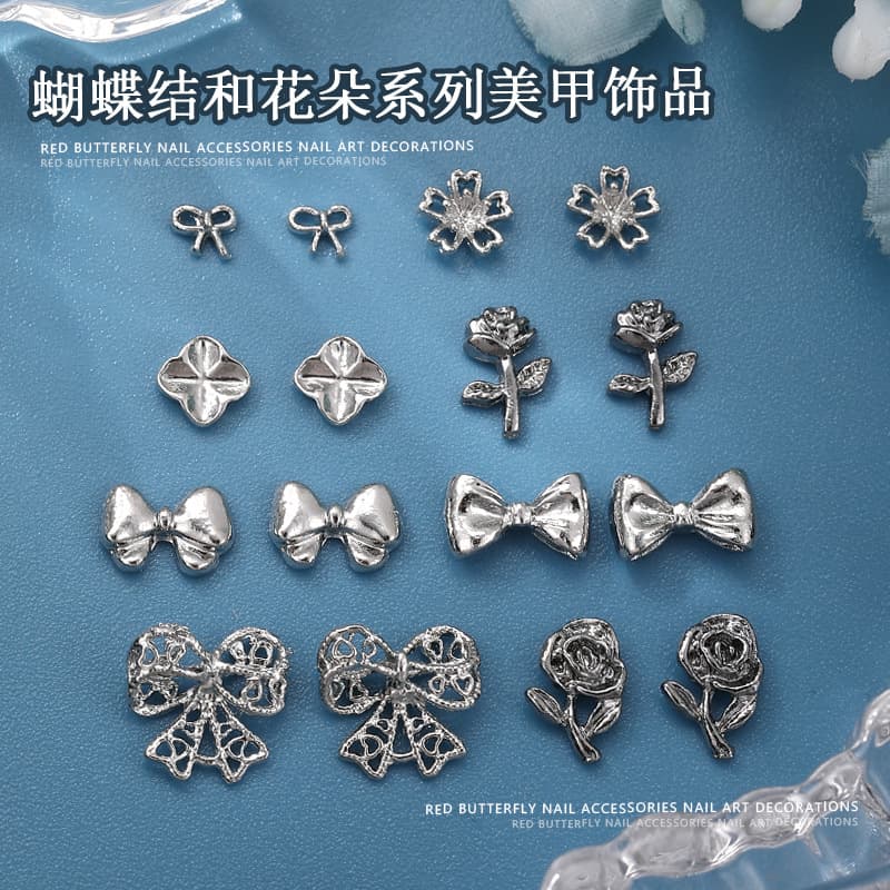 New Lace Bow Nail Art Jewelry Flower Series Gun Black 3D Metal Nail Decoration Wearable Nail Accessories