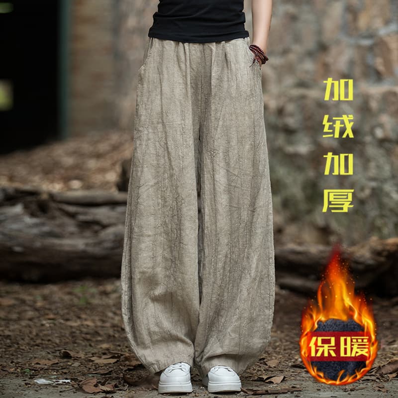 Ramie Tie-Dye Distressed Fleece-Lined Thickened Long Pants Winter Cotton/Linen Women's New Artistic Versatile Casual Lantern Pants Cotton Pants
