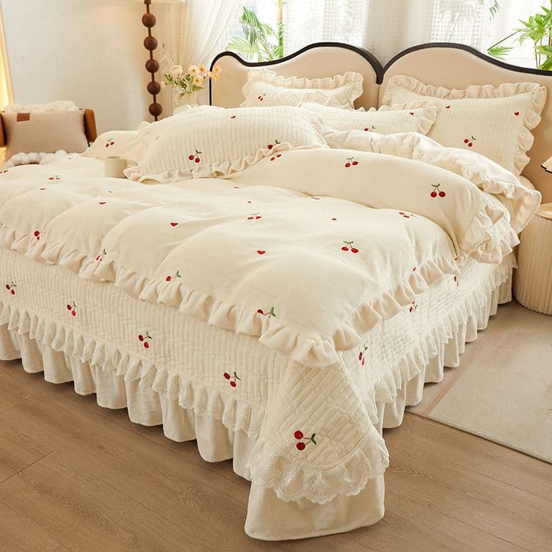 Embroidered milk fleece quilted bedspread four-piece set, winter warm coral fleece bed sheet and bed cover, double-sided fleece duvet cover wholesale