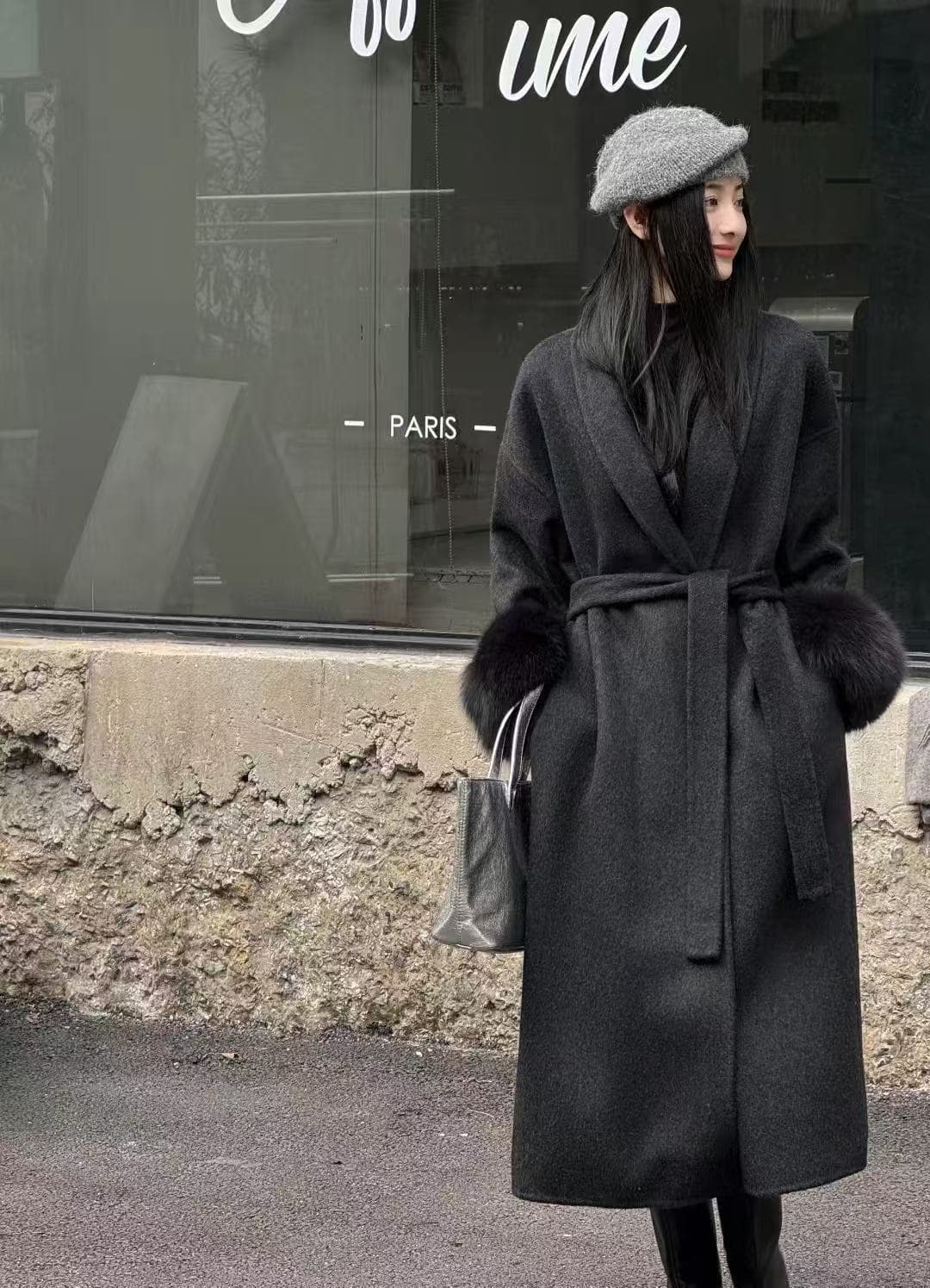Chanel-Style Fox Fur Wool Long Coat for Women, Waist-Tightening Petite Double-Faced Cashmere Jacket, Elegant Wide Lapel