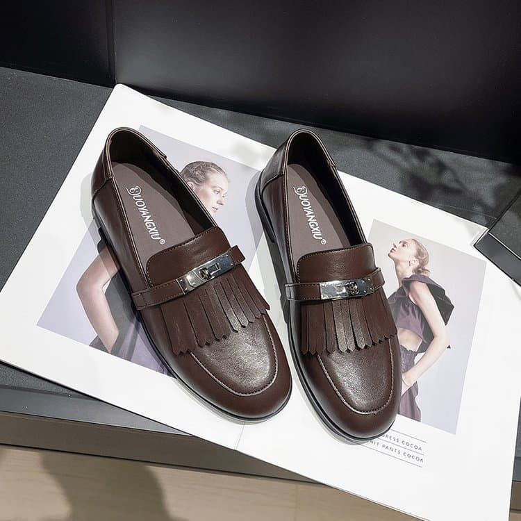 Sheepskin Version~ Small Gold Buckle Tassel Genuine Leather Loafers for Women, Slip-On Lazy British Style Flat Shoes, Single Shoes