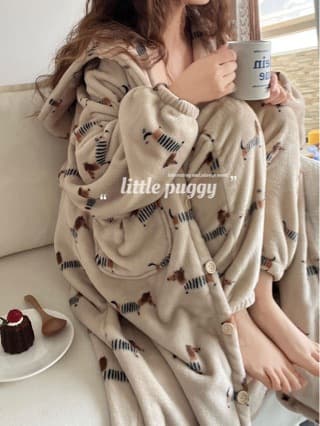 Little Puggy Plush Fleece Pajamas Thick Cartoon Dachshund Hooded Robe Autumn Winter Homewear Set