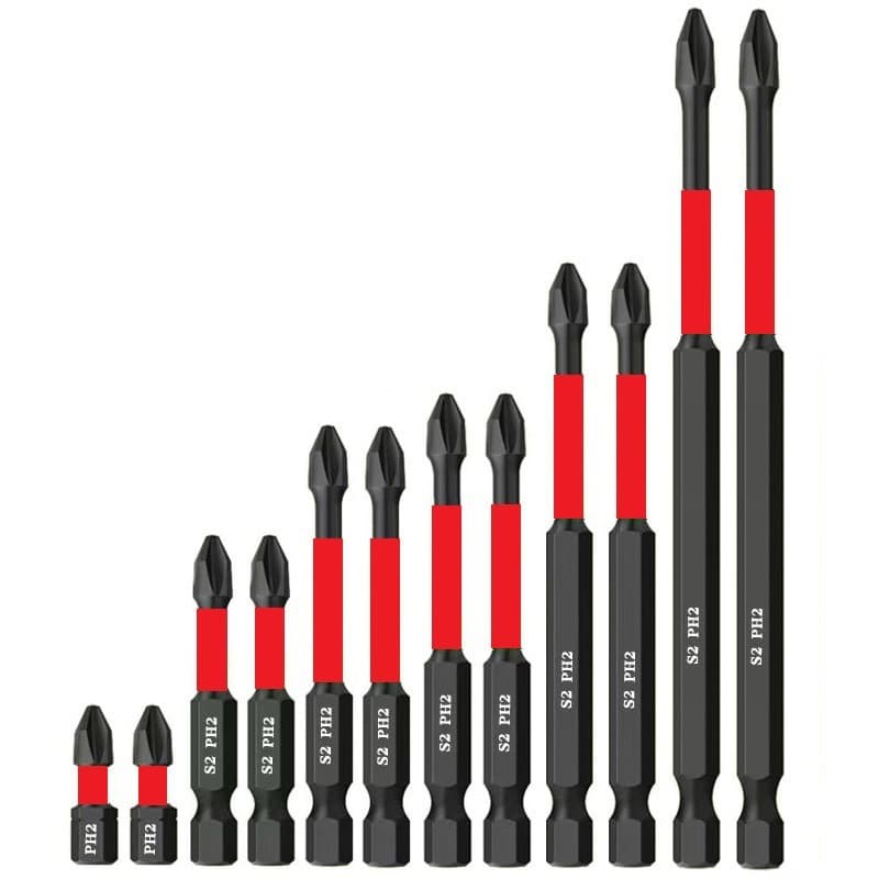 12PCS Cross Red Ring Impact Screwdriver Bit Set S2 PH2 Strong Magnetic Black High Hardness Screwdriver Bits for Cross-border