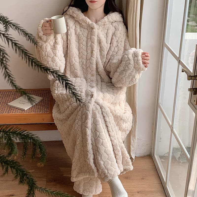 Winter Lazy Style Robe and Pajama Pants Two-Piece Set Flannel Cardigan Homewear Simple Coral Fleece Robe for Women