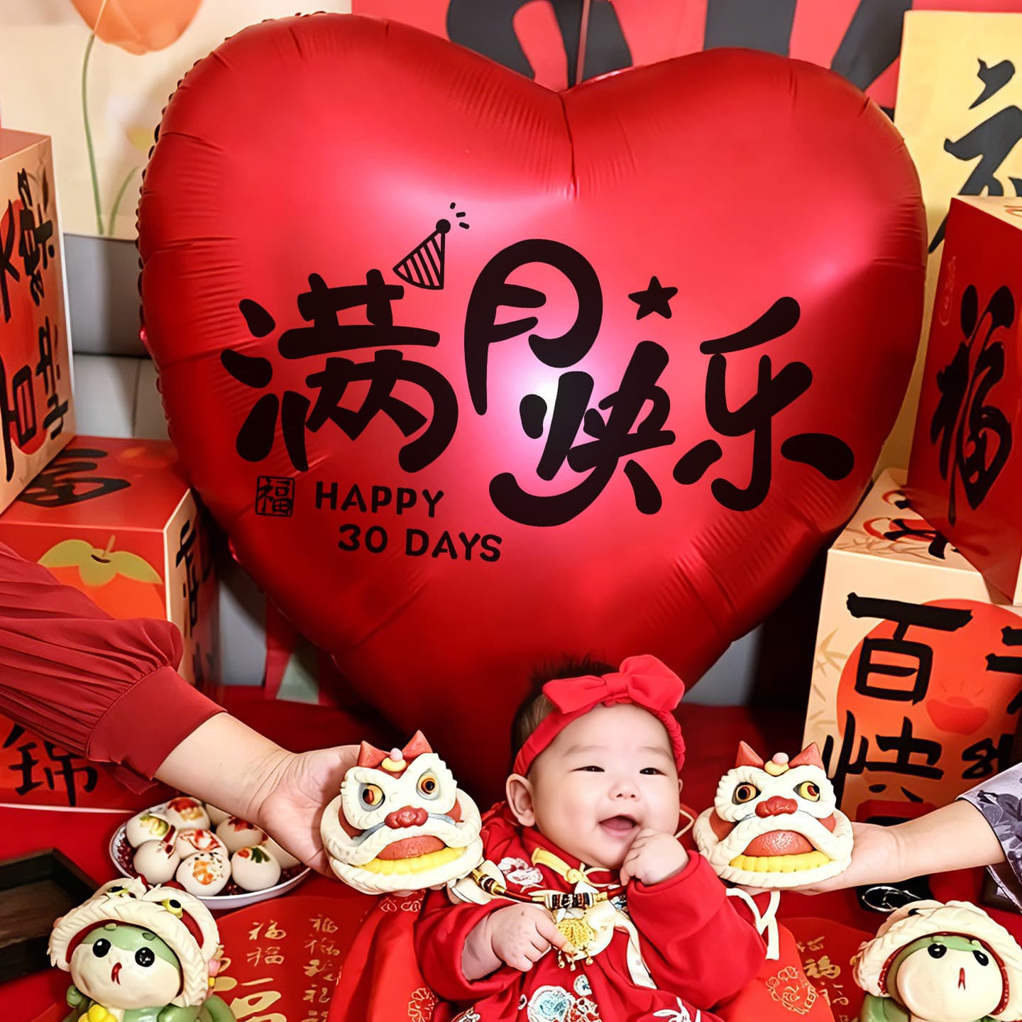 Baby's Full Month Celebration Photo Props, Heart-Shaped Balloons, Boys and Girls Atmosphere, Ceremonial Feel, Bed Scene Decoration