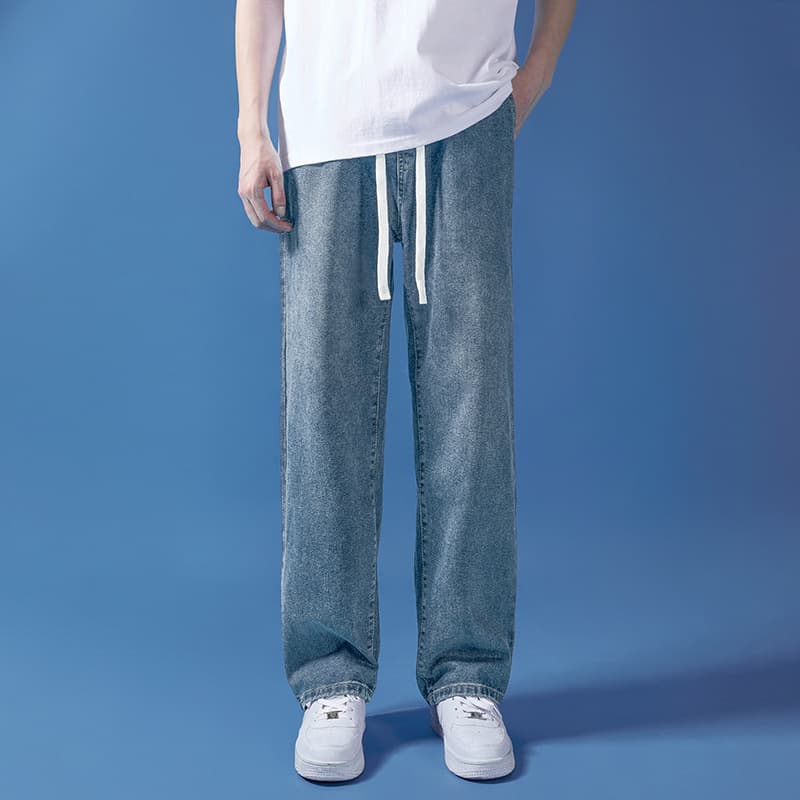 Men's Wide-Leg Jeans Summer Korean Harajuku Style Casual Simple Trendy Loose Drawstring Straight-Leg Floor-Length Pants