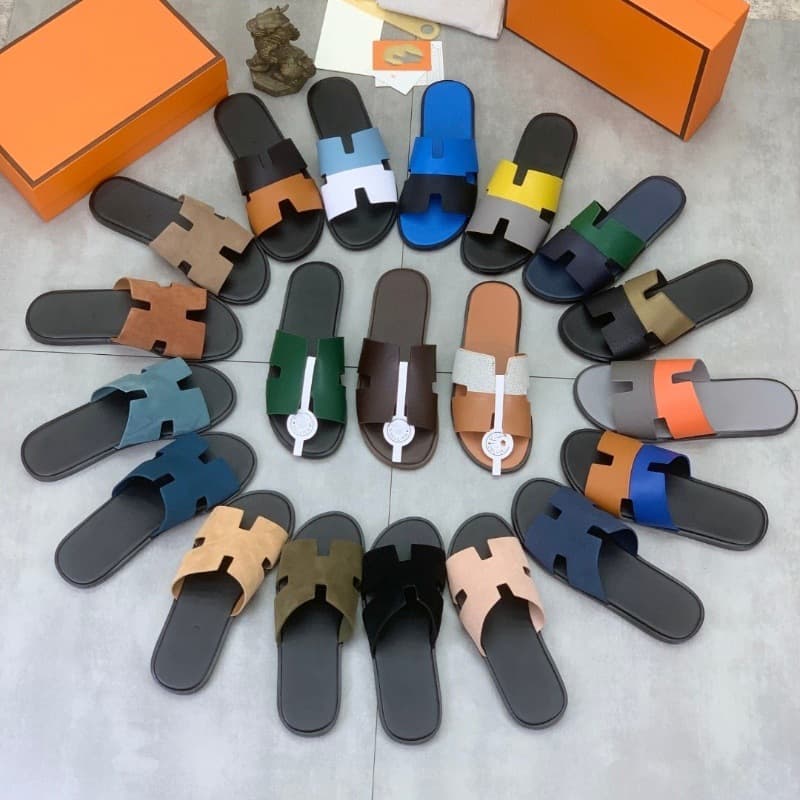 Cross-border Brand Slippers European Luxury H-style Genuine Leather Outdoor Beach Flat Sandals for Men