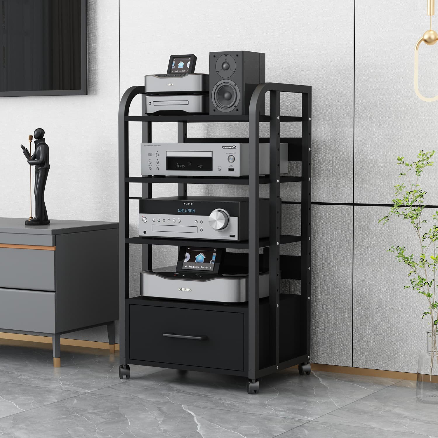 Audio Rack with Drawer for Amplifier, Tube Amp Stand, Sound Mixer, Karaoke Machine, Home Theater Cabinet