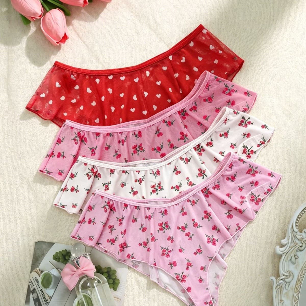 New European and American Floral Print Triangle Sexy Sheer Shorts Mesh Heart Print Plus Size Ruffle Panties Cross-border