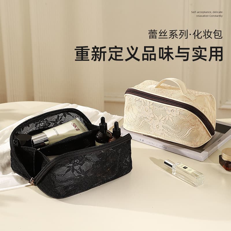 Chinese style lace large capacity shell cosmetic bag pillow wash bag hand carry light luxury portable storage bag cross-border hot style