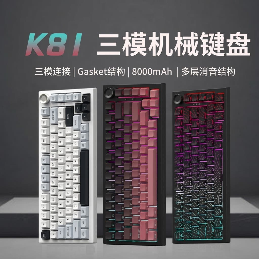 K81 Tri-Mode Wireless Mechanical Keyboard with Knob, Hot-Swappable, RGB Backlit, Side-Printed, Gaming Office Computer Keyboard