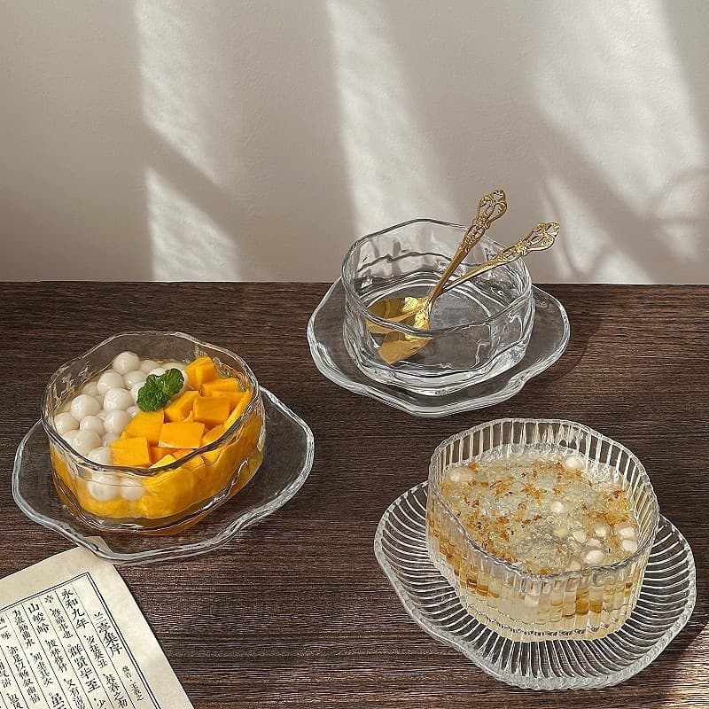 New Chinese Style Dessert Bowl Set Irregular Transparent Glass Bowls High Appearance Sweet Bowl Fruit Yogurt Bird's Nest Bowl