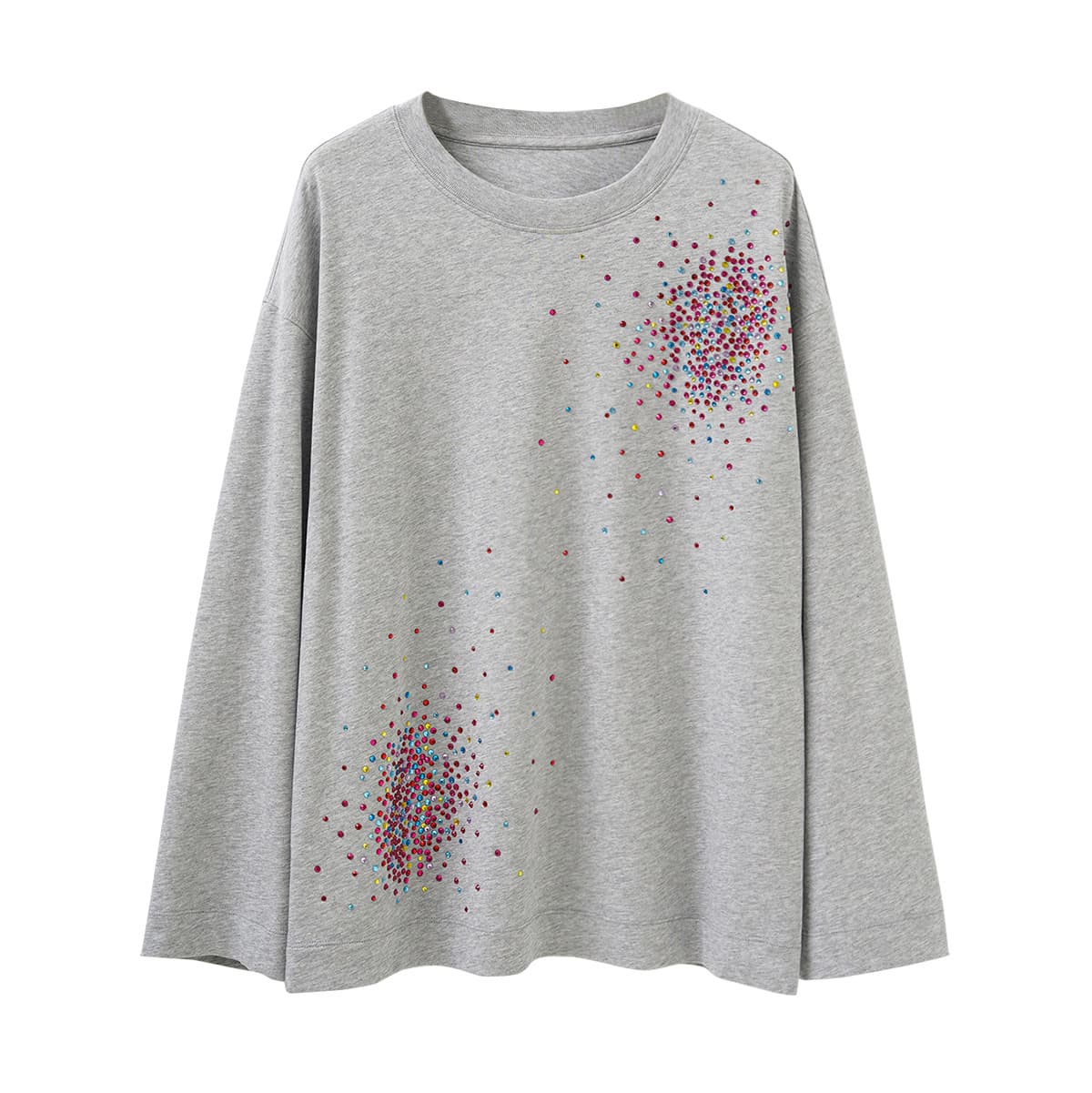 DVN Designer Gray Long-Sleeve T-Shirt for Women Spring 2026 New Heavy-Duty Rhinestone Iron-On Crew Neck Pullover Base Layer Gray Top
