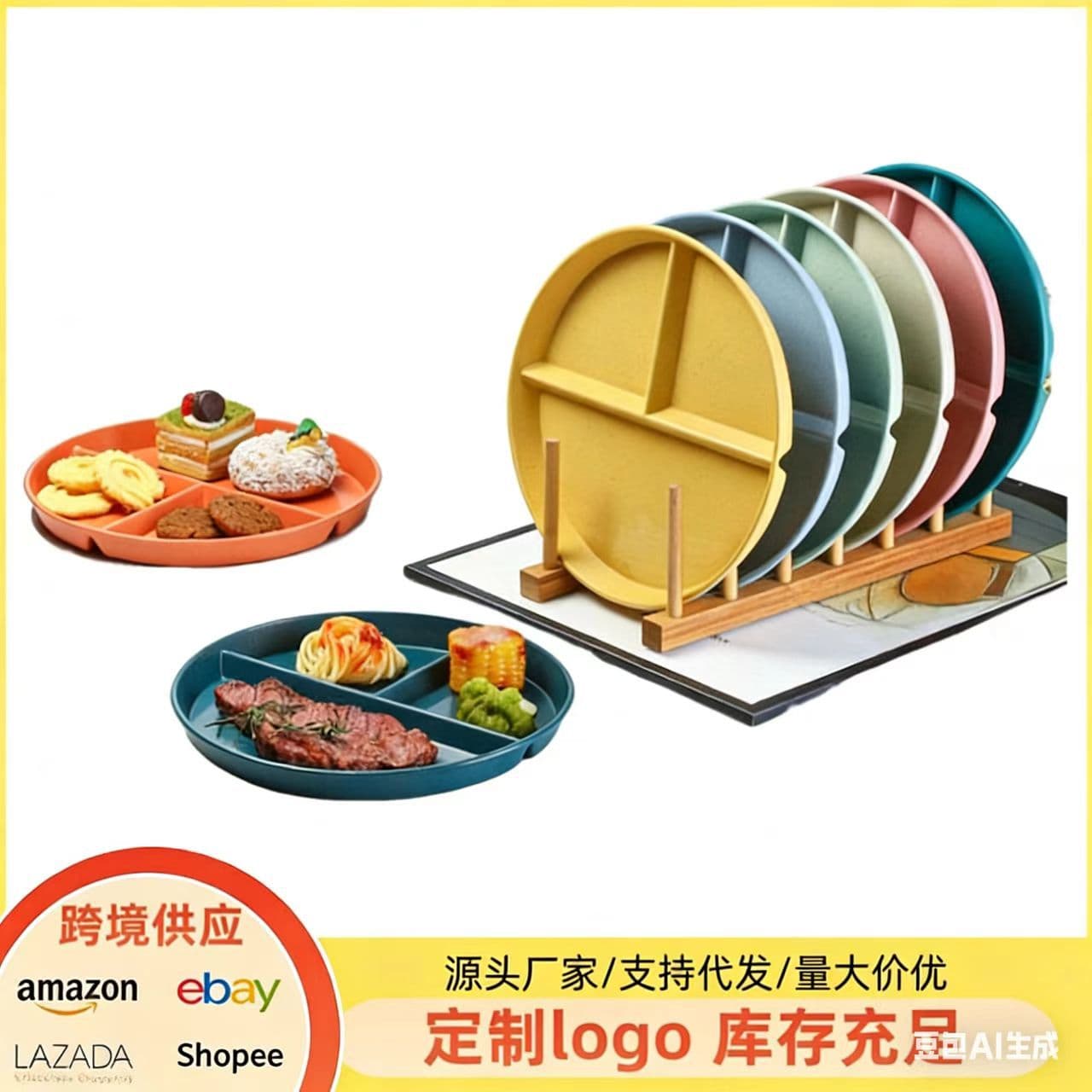 Wheat straw fat-reducing compartmented dinner plate student canteen compartmented dinner plate home anti-fall creative fruit plate breakfast plate