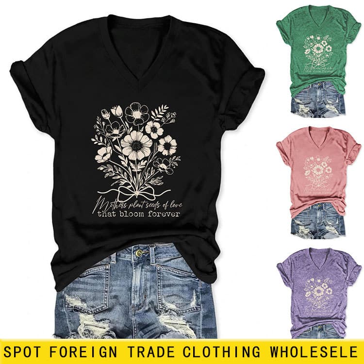 Mothers Plant Seeds Amazon Wish Independent Station Casual Comfortable Women's V-Neck Short Sleeve T-Shirt