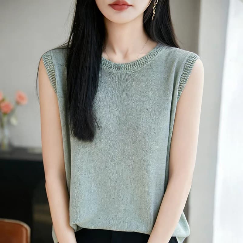 Pearl Linen Knitted Sleeveless Vest Women Summer T-Shirt Outer Wear Thin Sleeveless Top Basic Shirt Jacket Inner Wear Blue