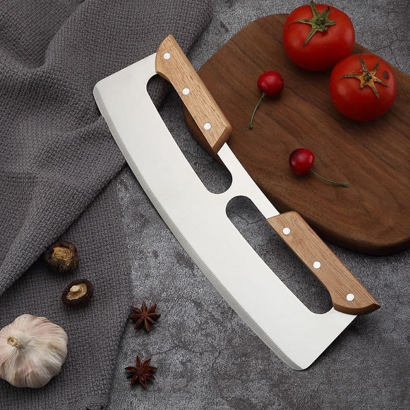 Pizza Cutter Wooden Handle Curved Knife Stainless Steel Pizza Cutter Half-Moon Noodle Knife Baking Tool Pizza Cutter