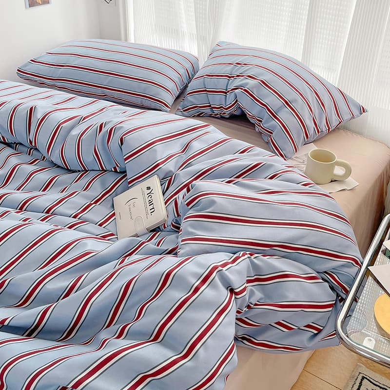 Cross-border Retro Simple Striped Japanese Washed Sanding Bedding Four-Piece Bed Sheet Quilt Cover Three-Piece Set for Hair