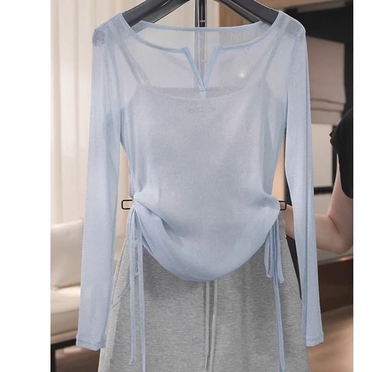 Blue Long Sleeve Top for Women 2026 Summer New Drawstring Waist Slim Fit Short Crop Top Air Conditioning Cover