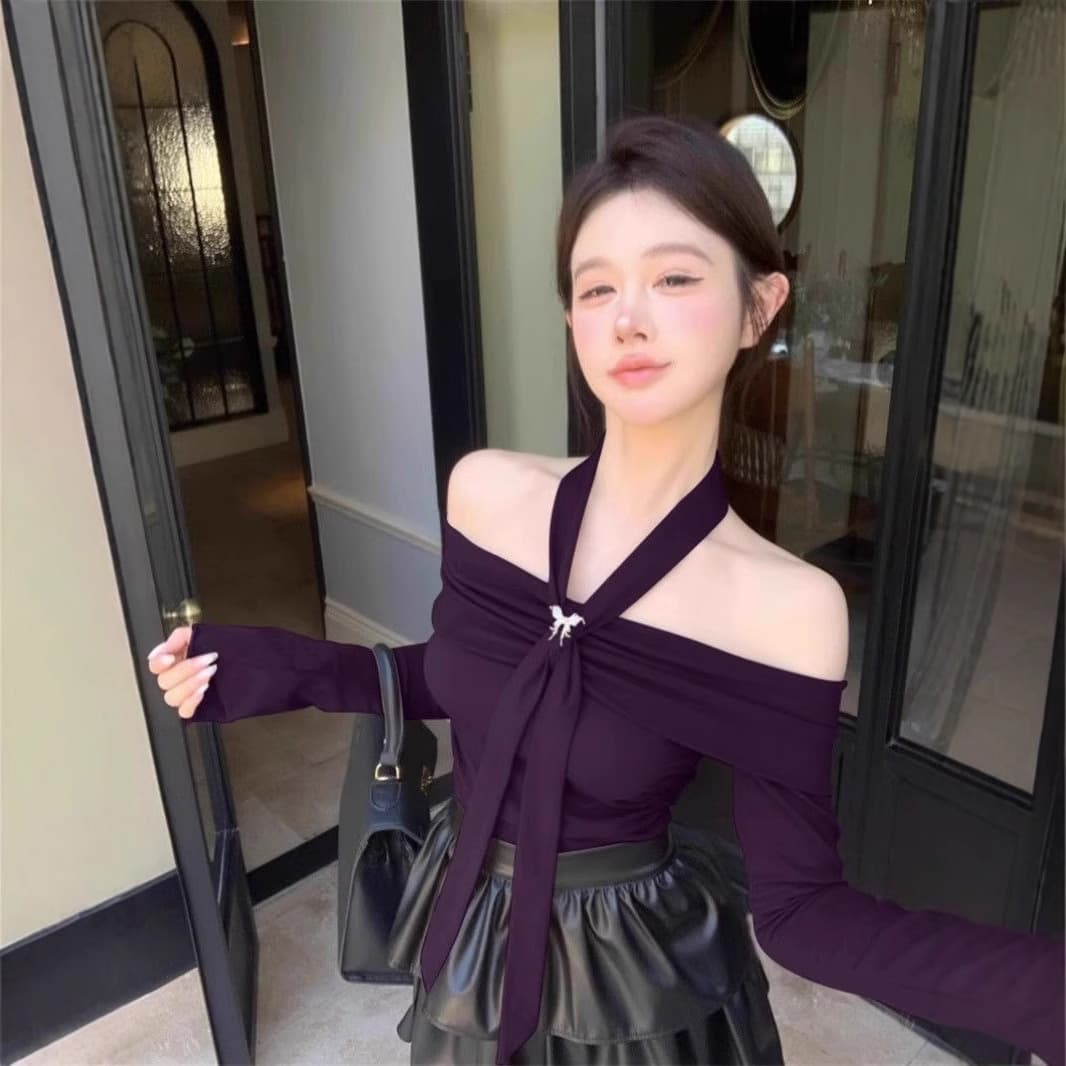 Purple Ribbon Halter Long-Sleeve T-Shirt for Women, Autumn/Winter Off-Shoulder Top, Chic Layering Base Tee