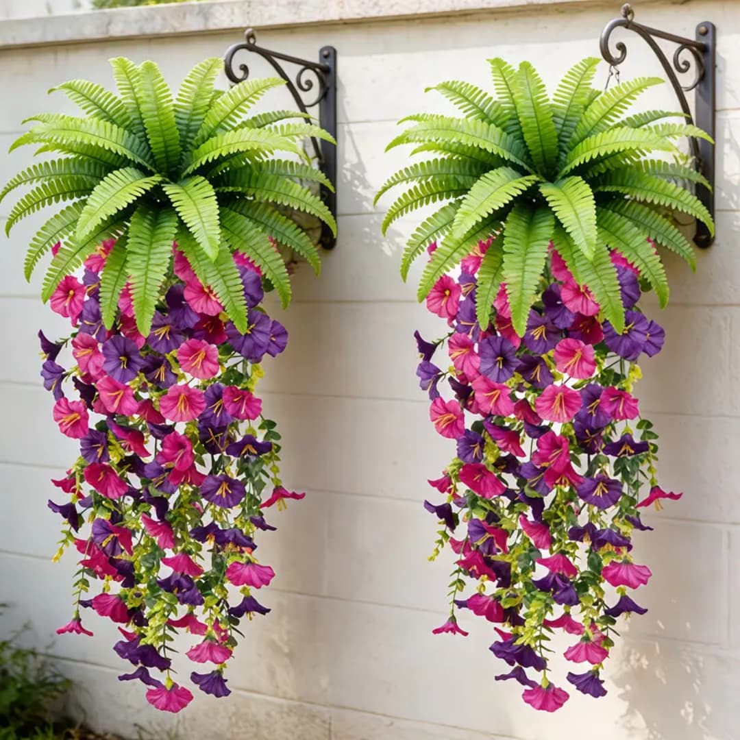 Artificial Boston Fern and Morning Glory Combination Hanging Bouquet for Outdoor Wedding Garden Presentation