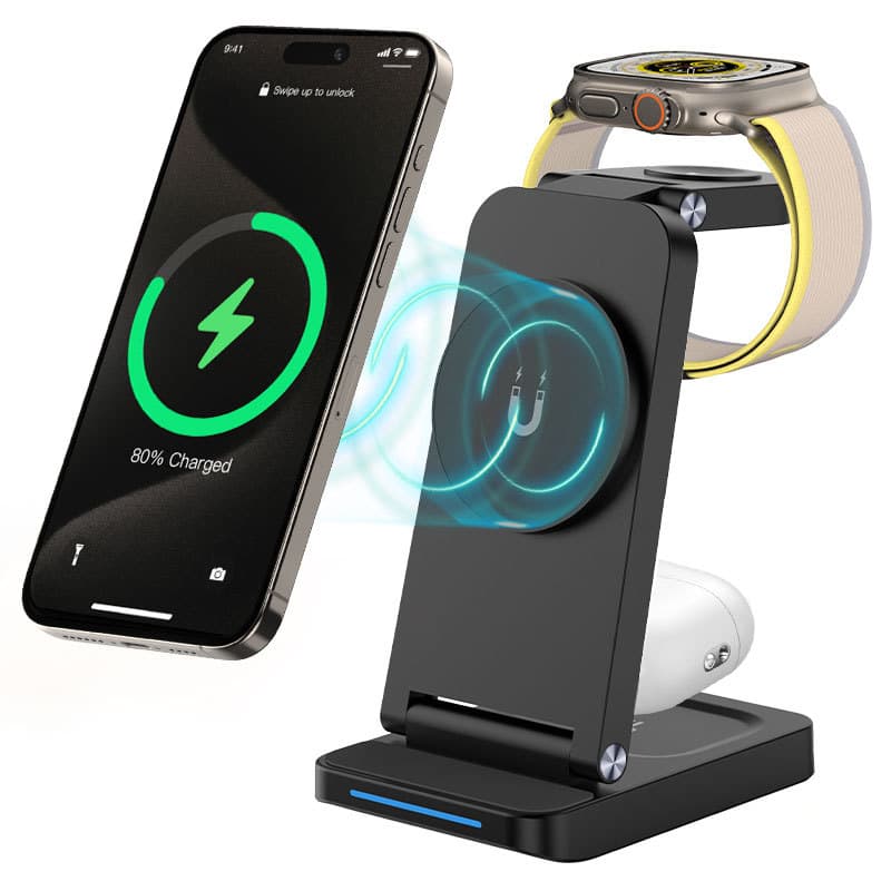 Foldable 3-in-1 Wireless Charger for Apple Samsung Phone Watch Earbuds Fast Charging Magnetic