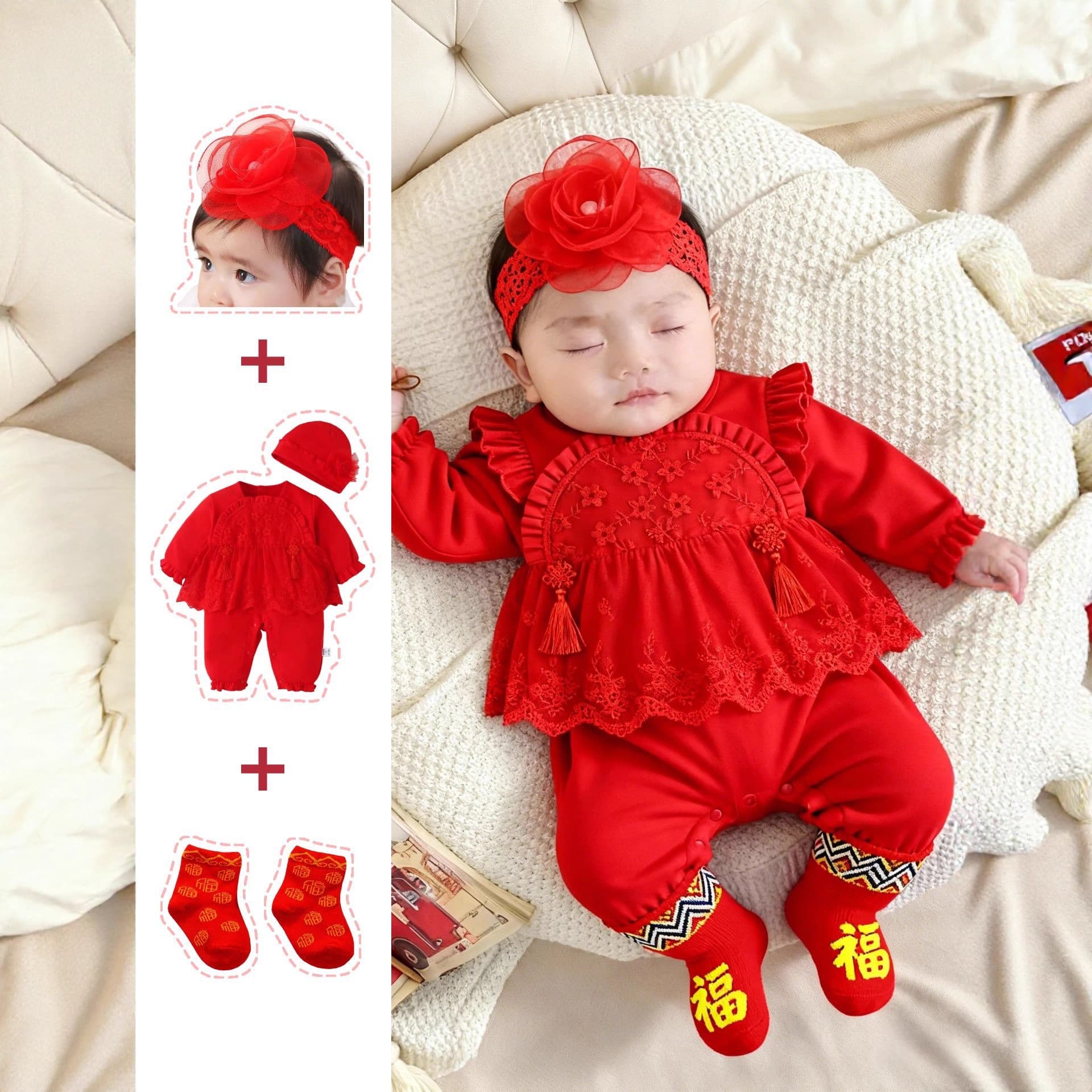 Baby Girl Cotton Spring/Autumn 1st Birthday Dress, New Year Outfit, 100-Day Baby Clothes