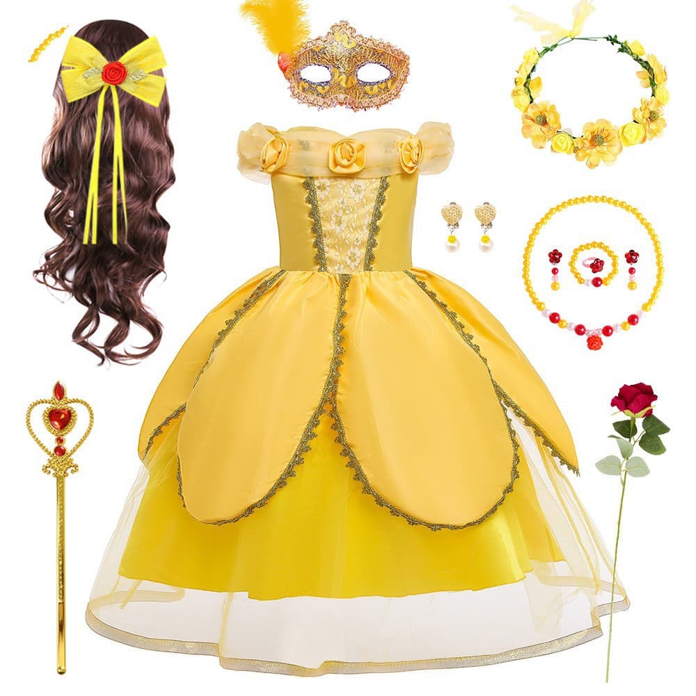 2024 Beauty and the Beast Belle Princess Dress for Girls, Halloween Belle Princess Children's Formal Dress with Tulle Skirt