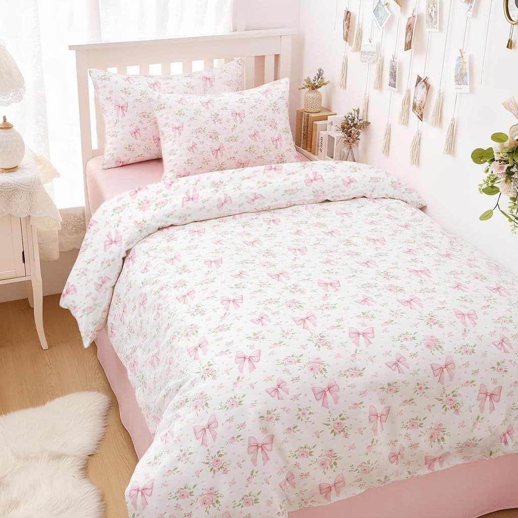 Cross-border Foreign Trade Pink Bow Duvet Cover 3-Piece Set Double-Sided Print Duvet Cover Home Bedroom Bedding Wholesale