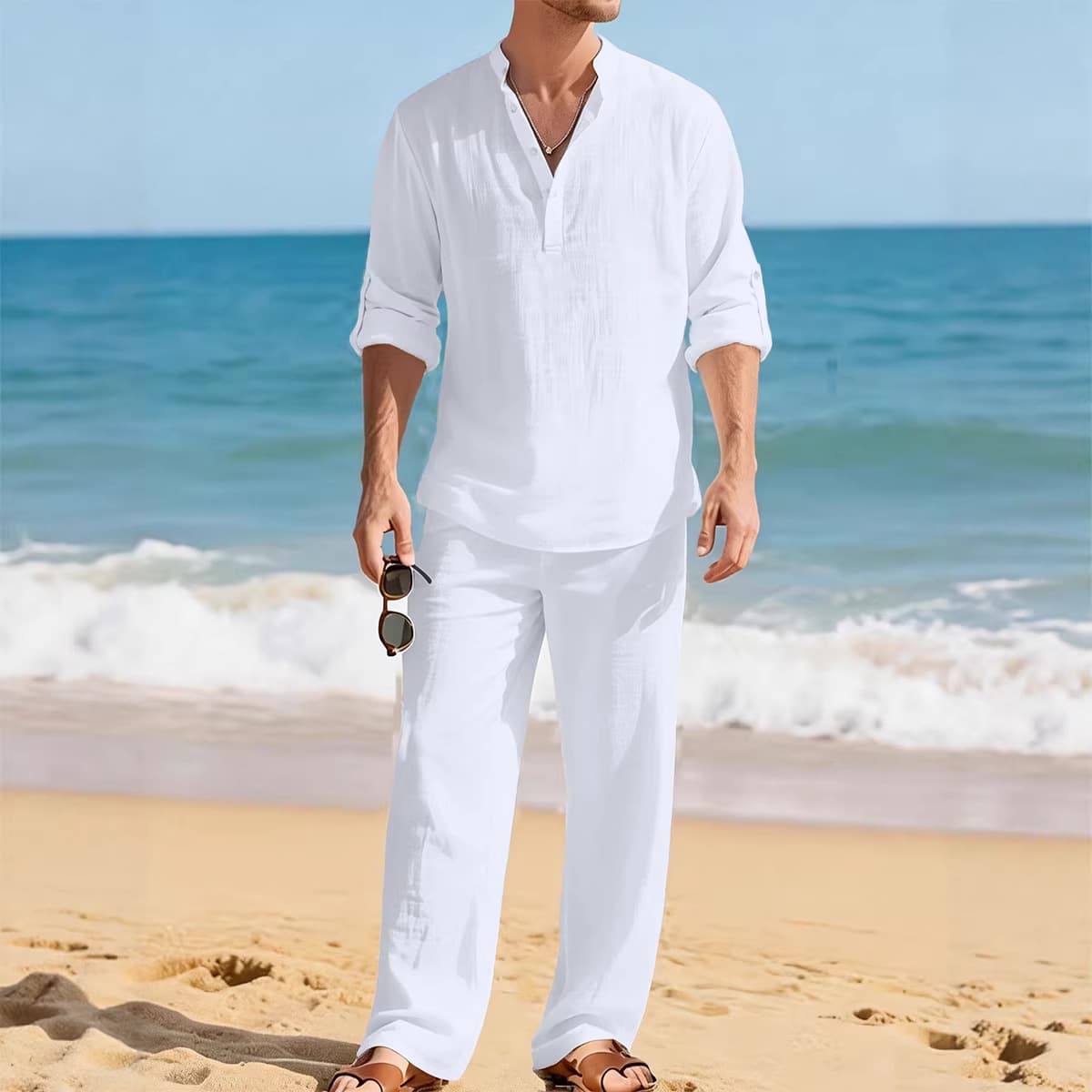 New men's spring and autumn linen solid color suit men's casual fashion lapel shirt loose long-sleeved suit