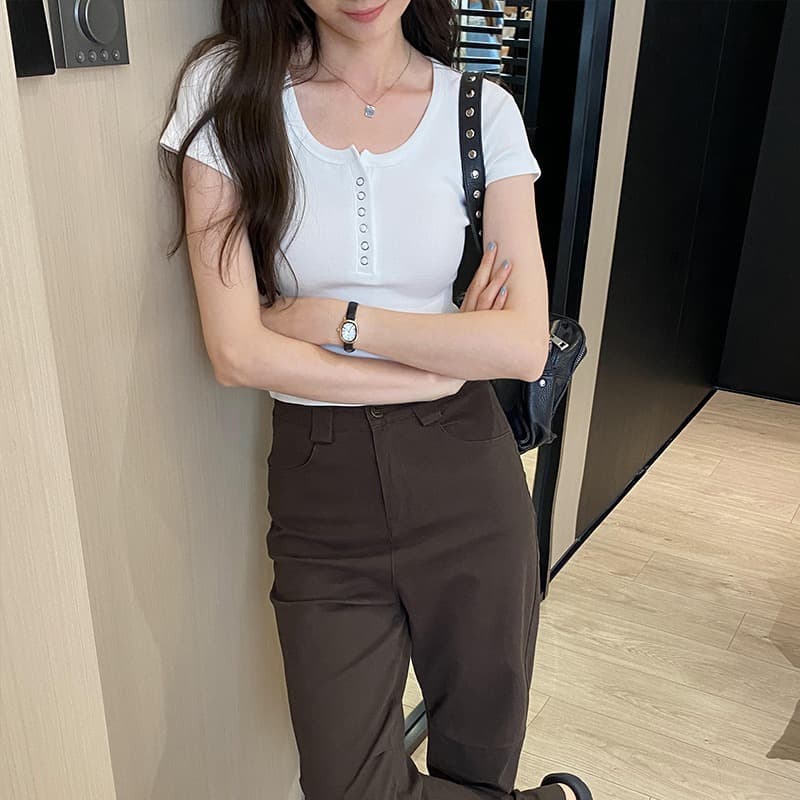 Retro American Grey U-neck Short Sleeve Slimming Women's T-shirt Summer Fashionable Top Shoulder-length Cotton Tee
