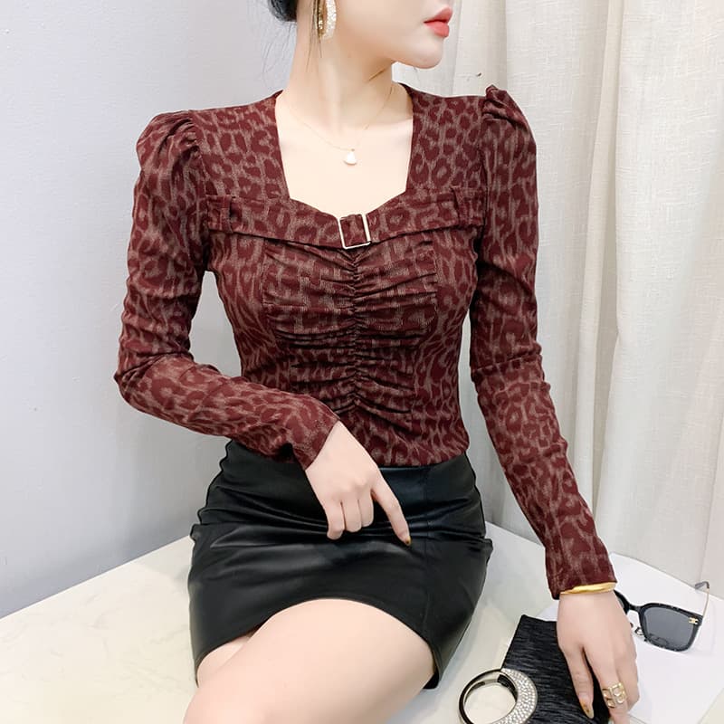Factory direct sales spring new puff sleeve pleated design long-sleeved T-shirt women's mesh leopard print bottoming shirt
