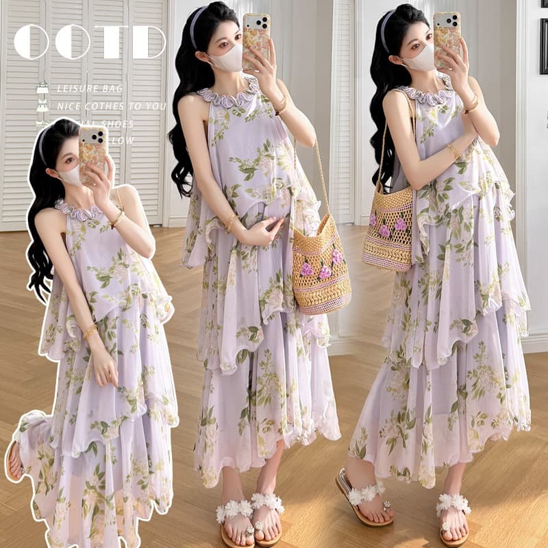 Maternity Dress French Floral Halter Tiered Midi Dress Women 2026 Summer Vacation Style Design Sleeveless Dress