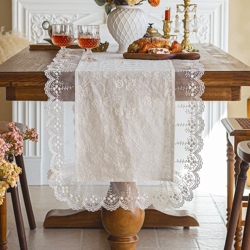 Handmade French American table flag white embroidered lace long tablecloth coffee table dining table TV cabinet side cabinet cover F^