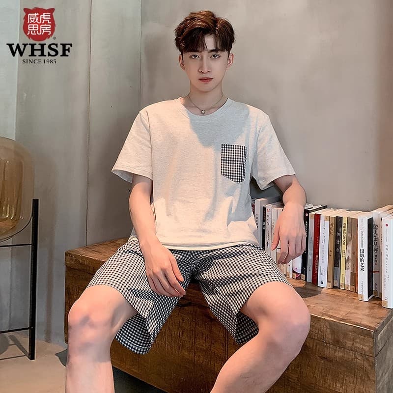 Men's Summer Cotton Plaid Sport Youth Thin Korean Style Casual Plus Size All Cotton Homewear Set
