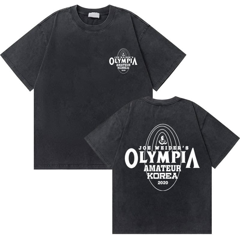 Washed Retro Olympia Amateur Korean Double-Sided Printed T-Shirt Men's Fitness Gym Pump Cover T-Shirt