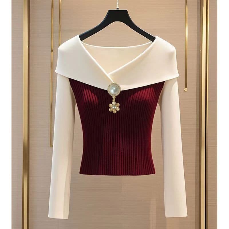 Wine Red Panel Top for Women 2025 Fall/Winter Stylish Early Autumn New Korean Chic Inner Layering Top