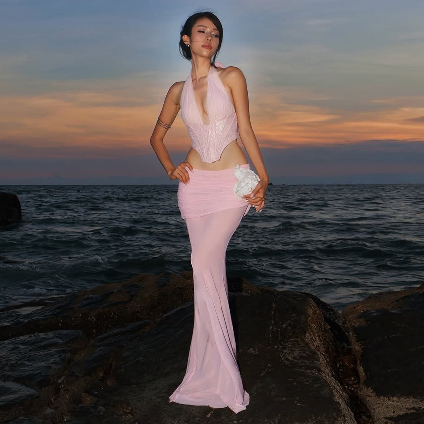2026 Cross-Border European and American Summer Fashion Halter Deep V Top and Low-Waist Pencil Skirt Set for Women