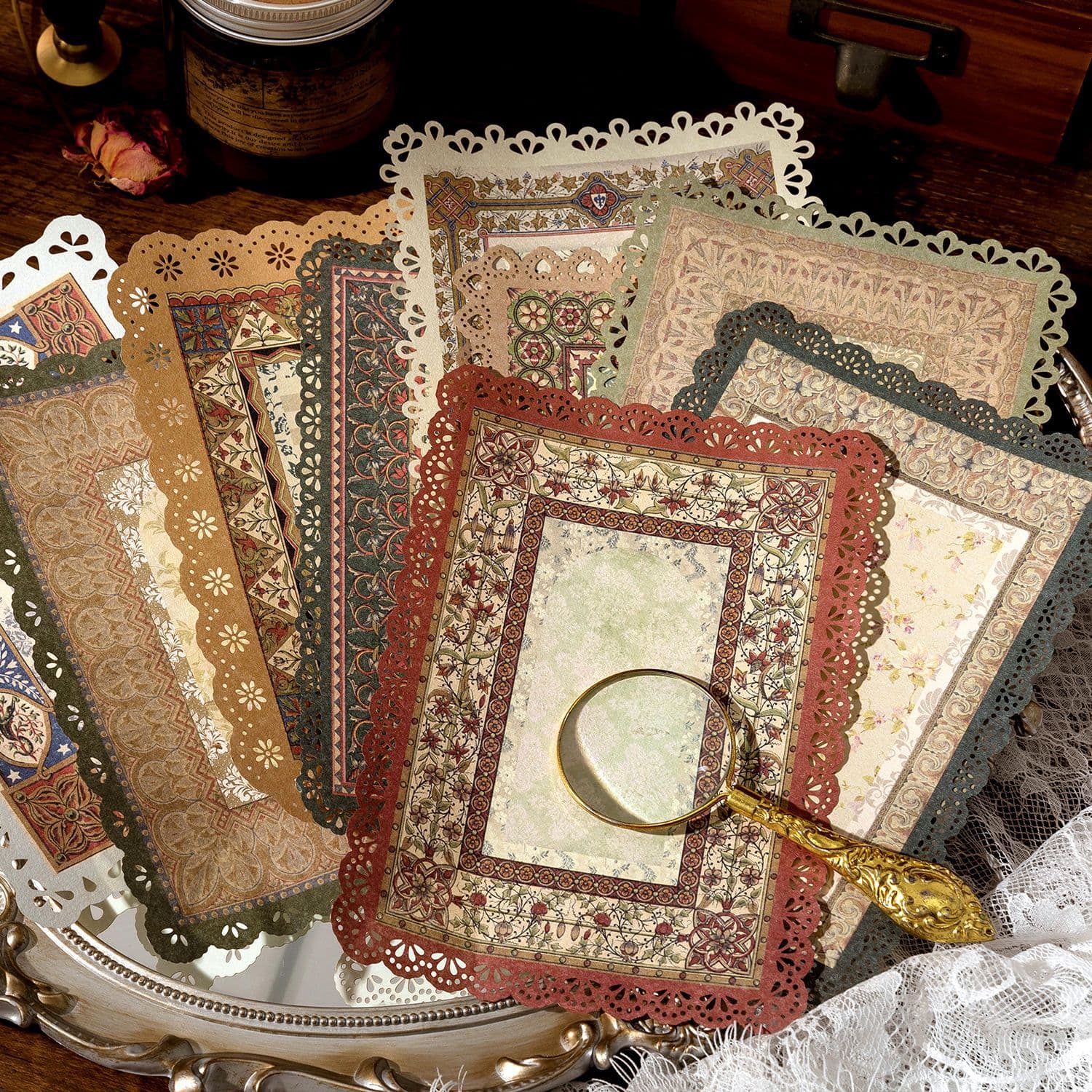 Momo - Secret Language of Everything Series Material Paper - Vintage Lace Border Aged Book Page Planner Collage Base