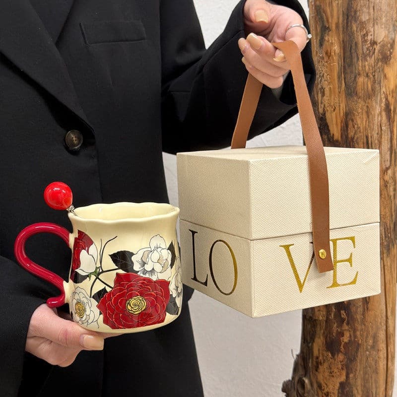 Vintage Camellia Rose Mug Ceramic Afternoon Tea Cup Office Coffee Cup Gift Souvenir Birthday Gift