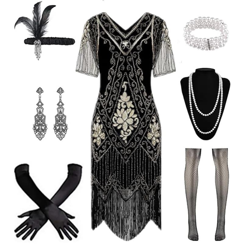 European and American S-4XL Tassel Party Evening Gown 1920 Vintage Sequin Beaded Gatsby Dress Amazon