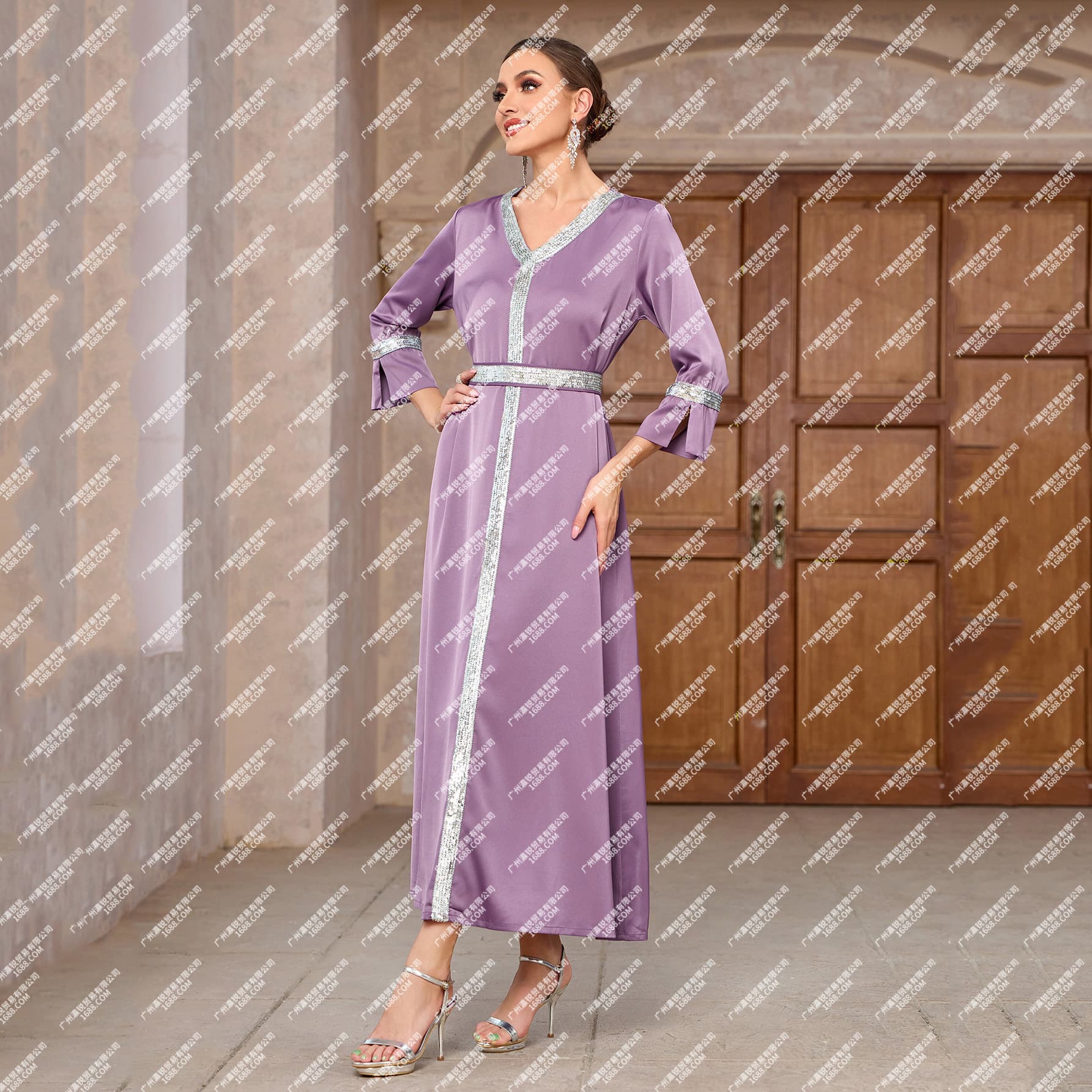 2024 Cross-border Purple Long Sleeve V-Neck Rhinestone Loose Women's Dress