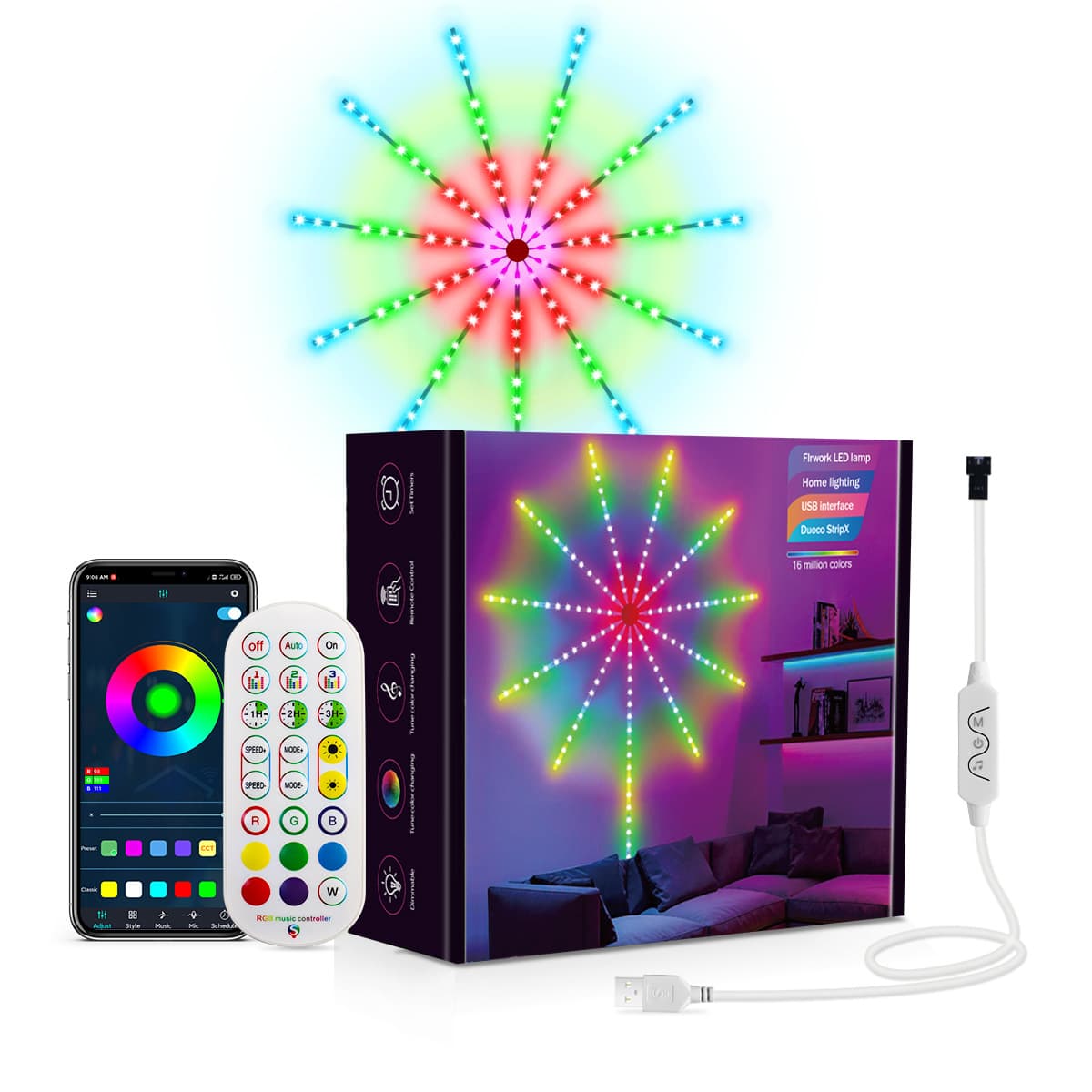 New Colorful Firework LED Sound-Activated Meteor Running Explosion Starry Sky Full-Color Light Strip with APP Rhythm Ambient Light
