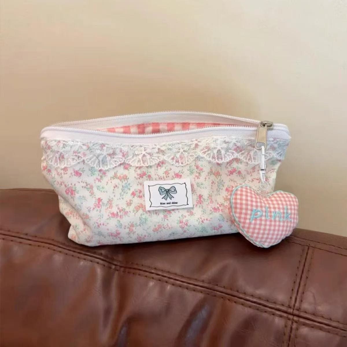 Pink floral pencil bag ins cute girly heart stationery bag large capacity student pencil bag high-value storage bag
