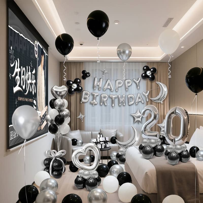 Boy silver and black happy birthday theme arrangement girl 8 years old home simple balloon party decoration background wall